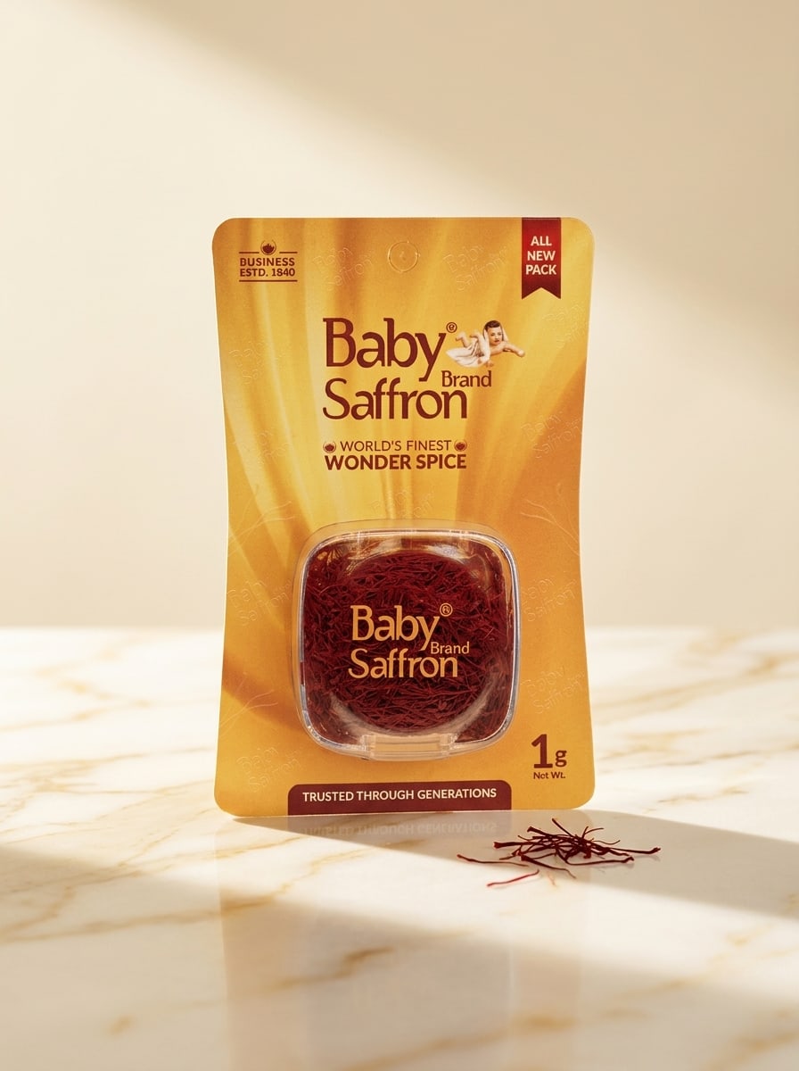 Baby Saffron 1g pack on cream marble