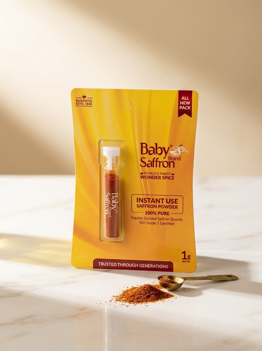 Baby Saffron Powder 1g on cream marble with a powder pour