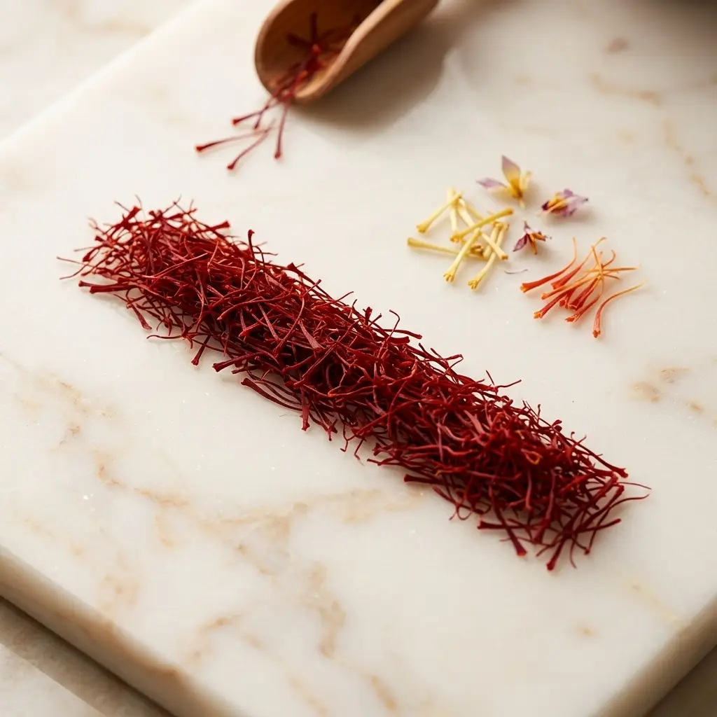 Premium saffron threads graded by hand, impurities separated aside